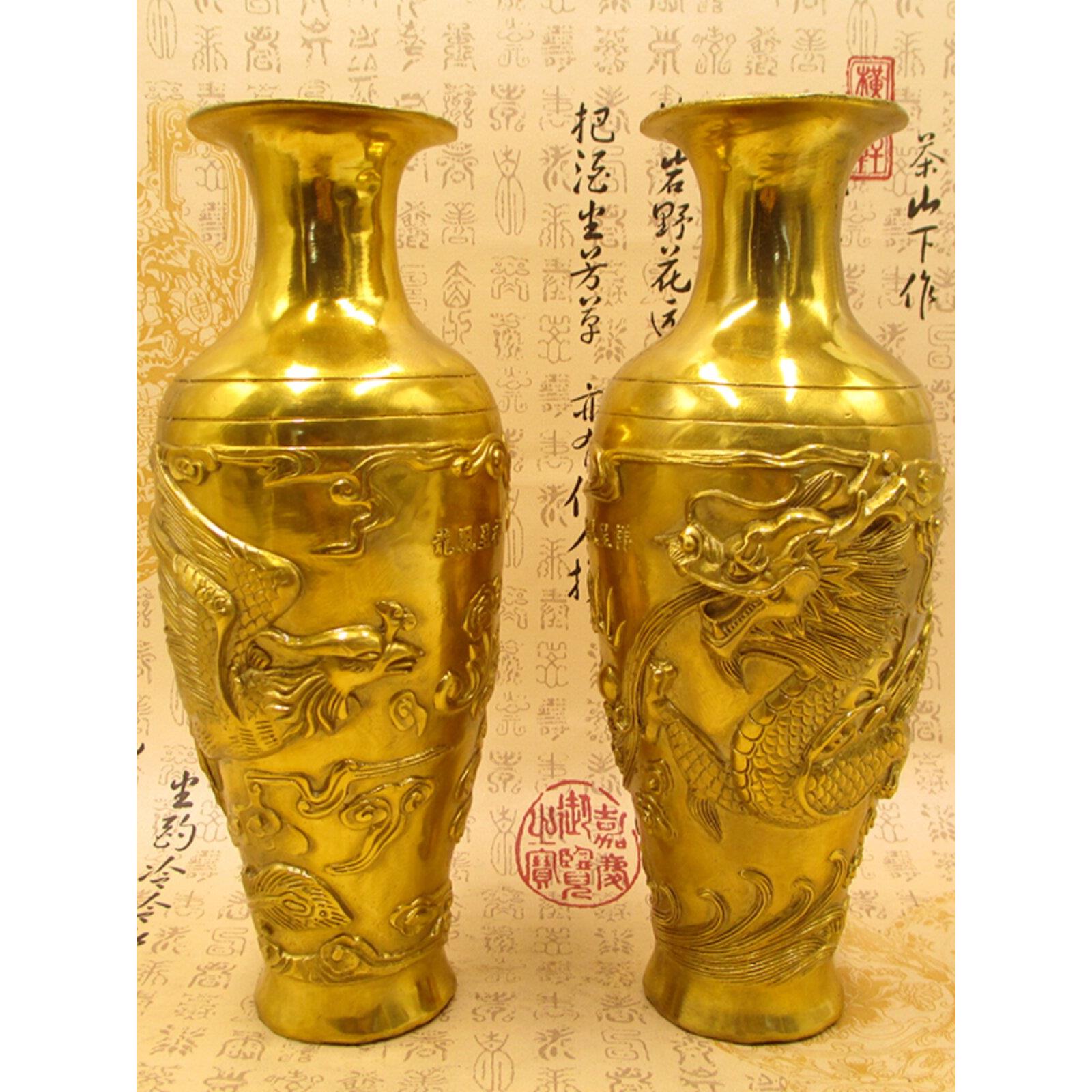 纯铜龙凤花瓶摆件一对大号彷古花瓶工艺品家居办公室客厅装饰摆设