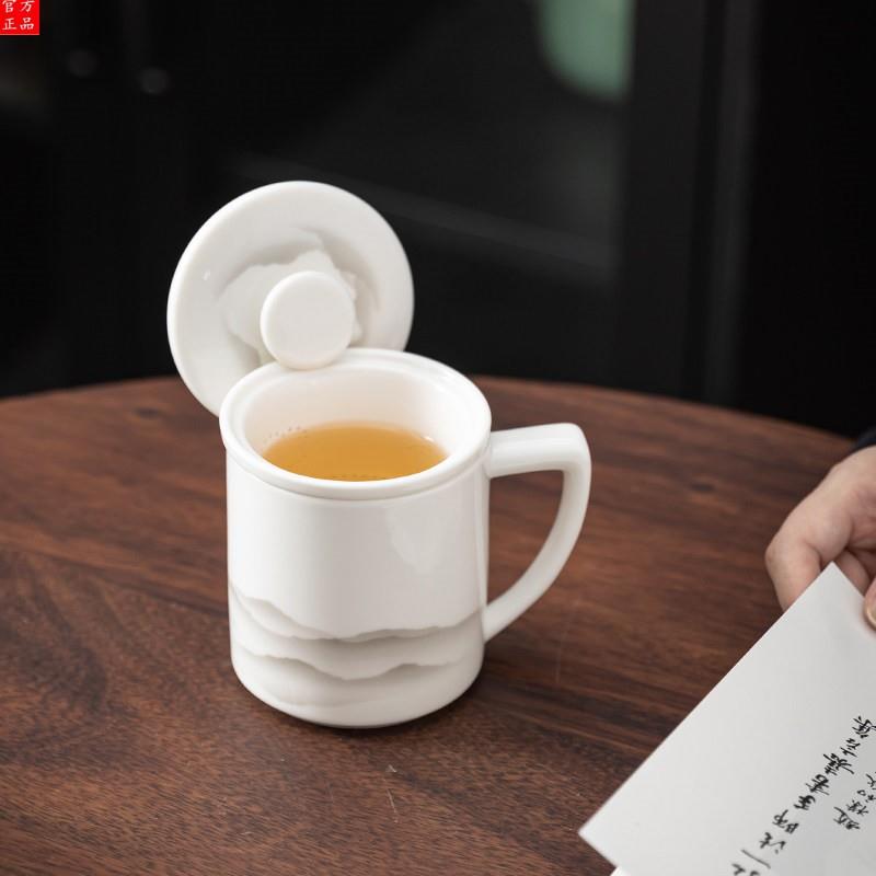 2026新款景德镇羊脂玉茶杯陶瓷茶水分离杯办公室带盖过滤泡茶马克