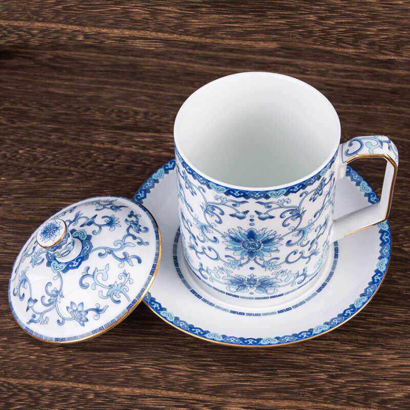 景德镇青花珐琅彩带茶托盖子办公杯轻奢文创泡茶陶瓷水杯商务礼品