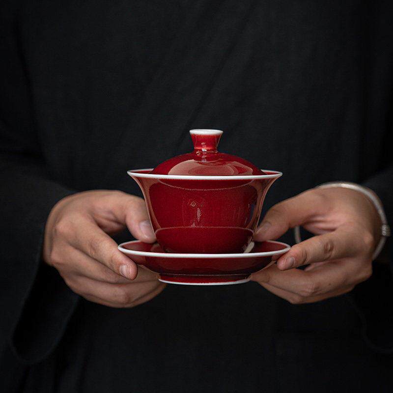 景德镇汝窑见山烧郎红敬茶碗陶瓷盖碗大号功夫茶杯茶具泡茶碗三才