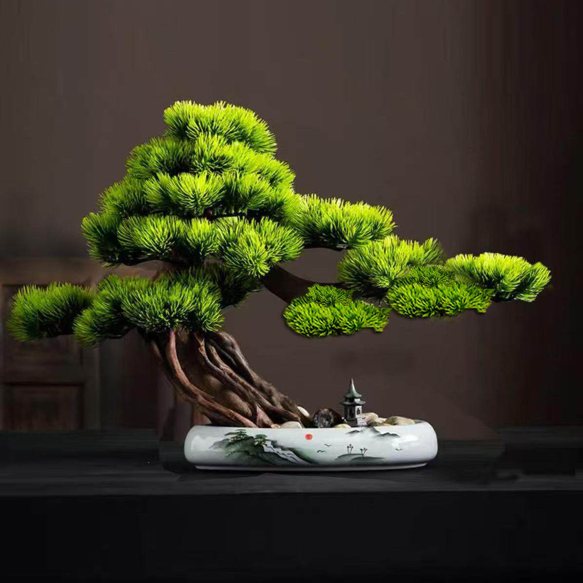 彷真迎客松植物盆景办公室摆件造景客厅玄关装饰品彷真树室内景观