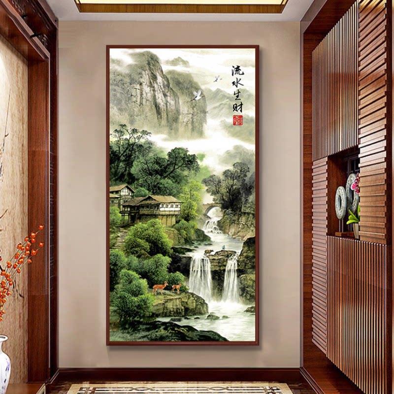 5D钻石画流水生财点钻十字绣客厅玄关竖版山水画2025新款满钻石绣