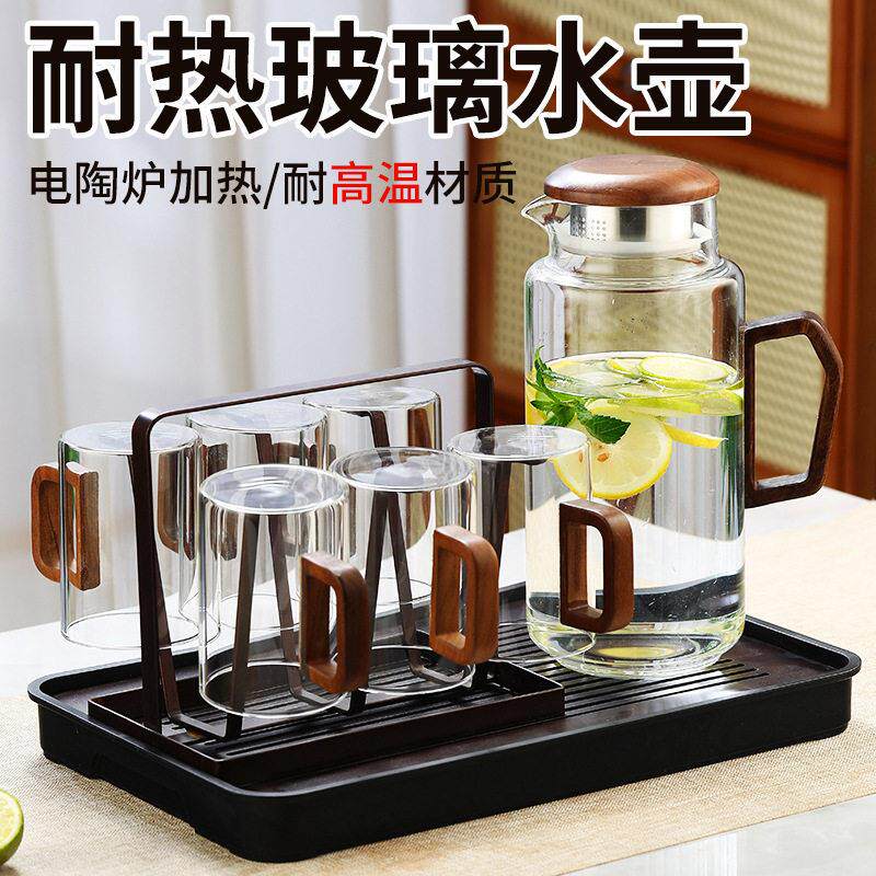 玻璃冷水壶水杯家用玻璃木把凉水壶耐热复古泡茶水壶茶杯水具套装