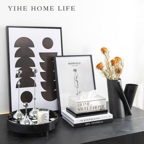 样板间银色水滴烛台摆件家用氛围感托盘装饰画软装卧室装饰品道具