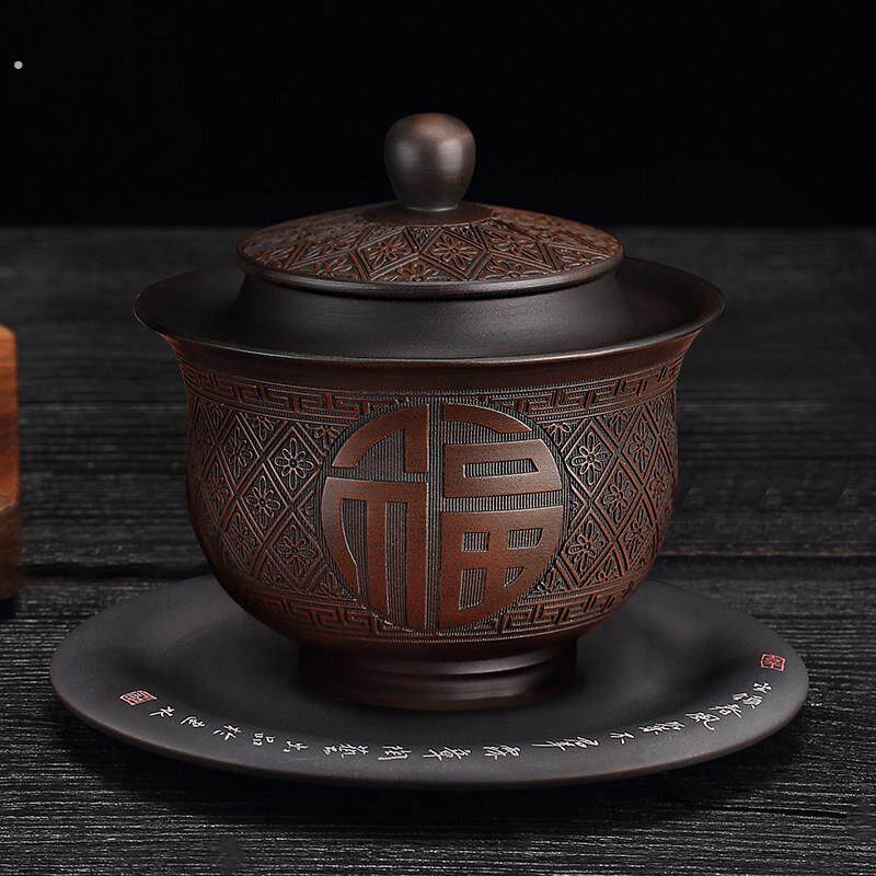 建水紫陶盖碗防烫手功夫茶具三才茶碗纯手工高档线雕不烫手泡茶碗