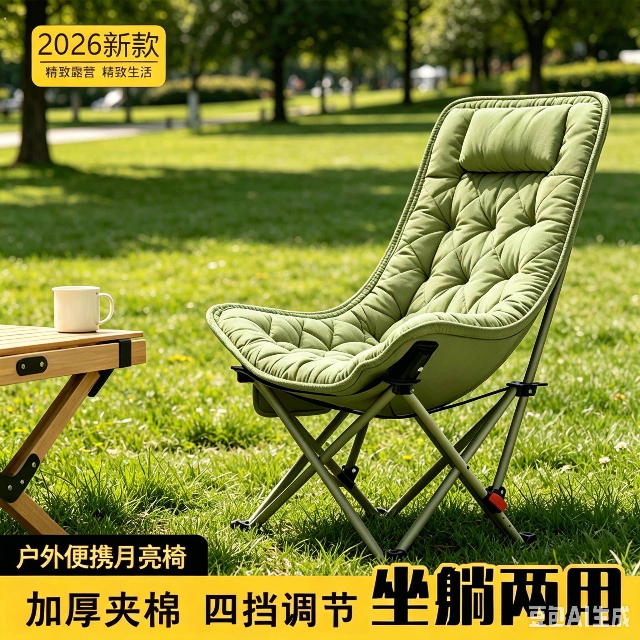 坐躺两用2026新款户外折叠椅月亮椅加厚便携露营椅四档调节午休椅