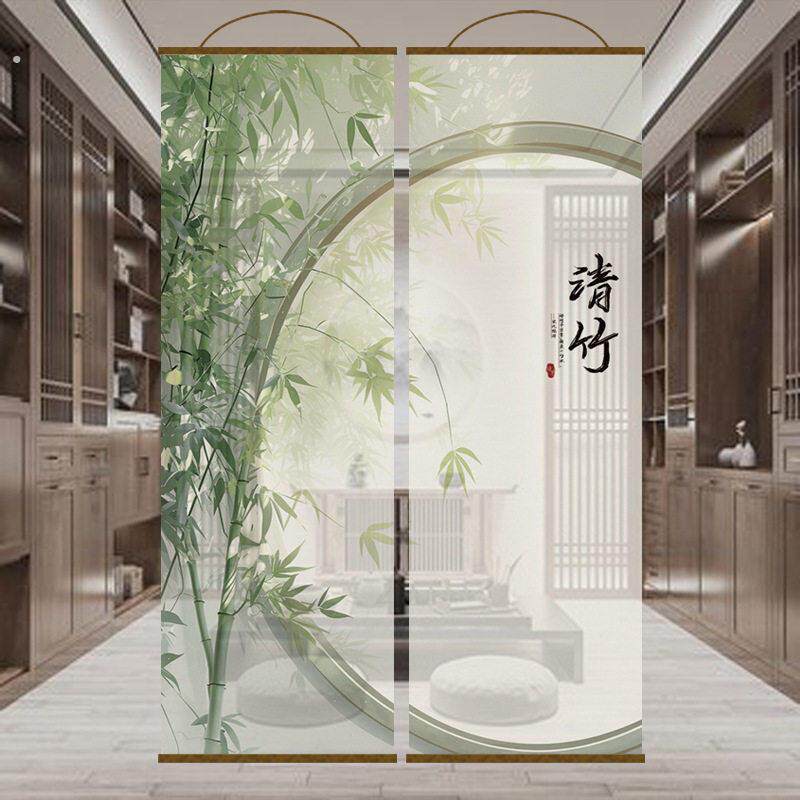 新中式水墨竹画高级透景屏风纱卷帘隔断帘子挂帘窗帘玄关透光纱帘