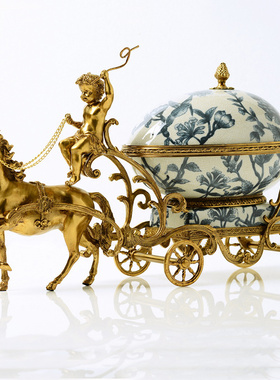 欧式美式客厅玄关创意马拉车高端奢华陶瓷配铜果盘首饰收纳盒摆件