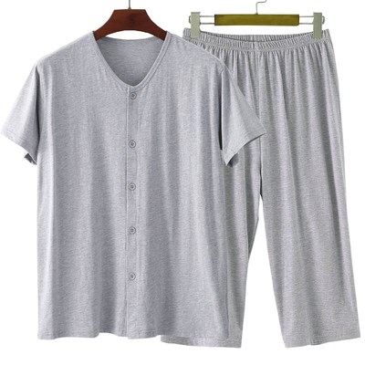 男士夏季薄棉开衫短袖短裤七分裤家居服套装中老年爸爸睡衣睡裤