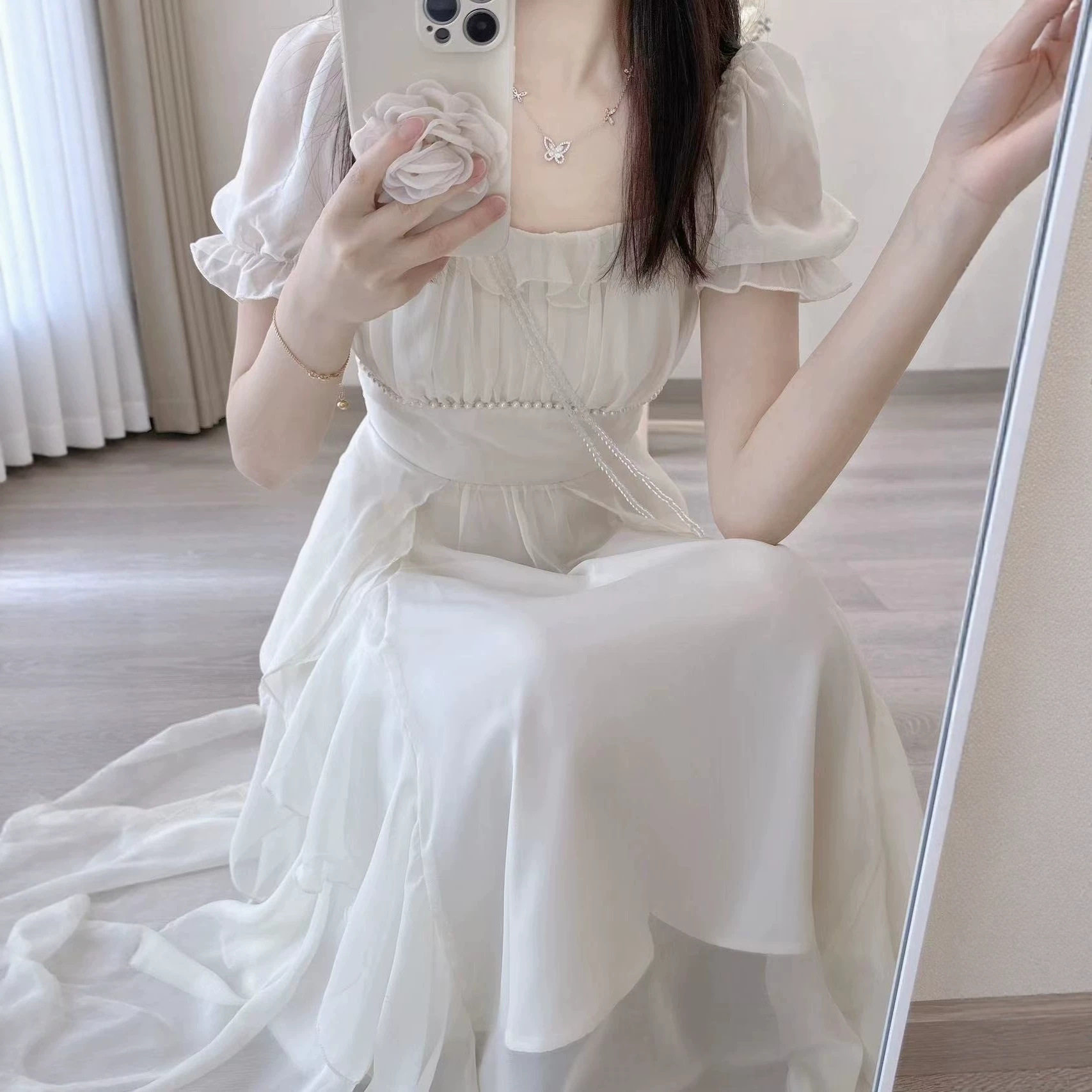法式方领仙女风连衣裙女夏季新款女装收腰显瘦中长款裙子法式复古