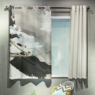 成品短帘黑贡缎装饰油画笔触高端大气网红款客厅书房阳台飘窗窗帘