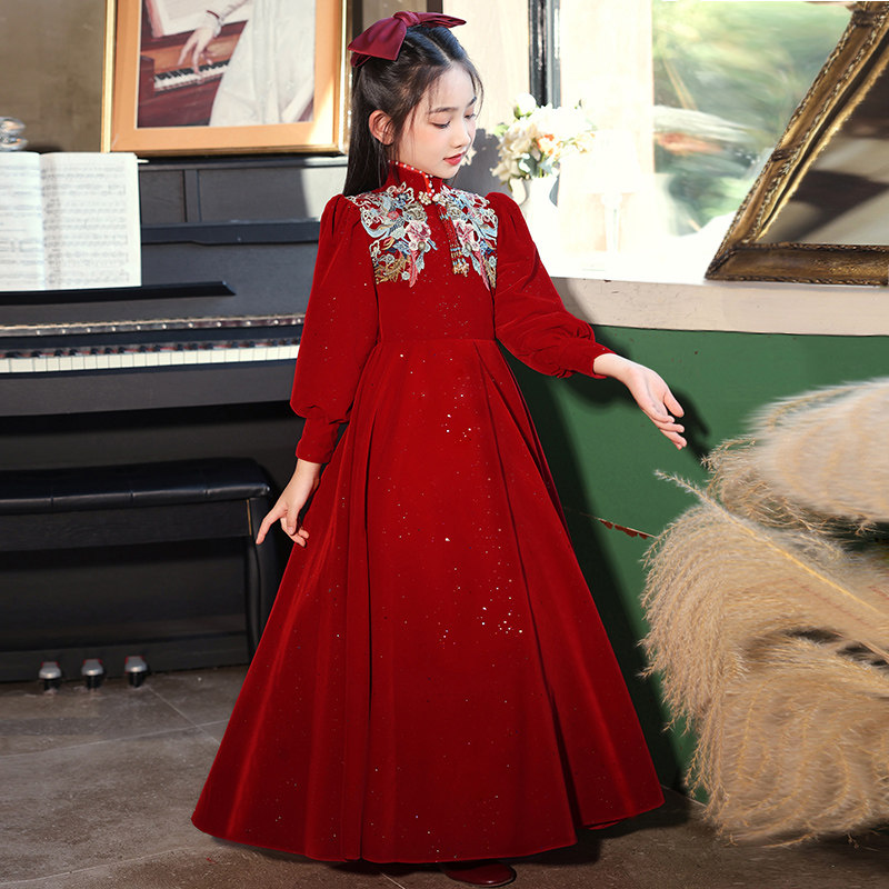 儿童礼服红色秋冬国风女童高端公主裙小主持人新年旗袍中式连衣裙