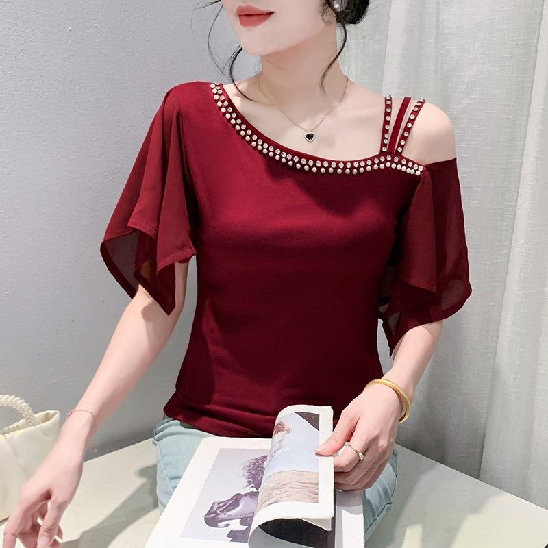 性感一字肩T恤女短袖夏季设计感时尚钉珠荷叶袖上衣洋气露肩小衫,女装/女士精品,T恤,淘宝优惠券,粉丝福利购,淘宝优惠卷