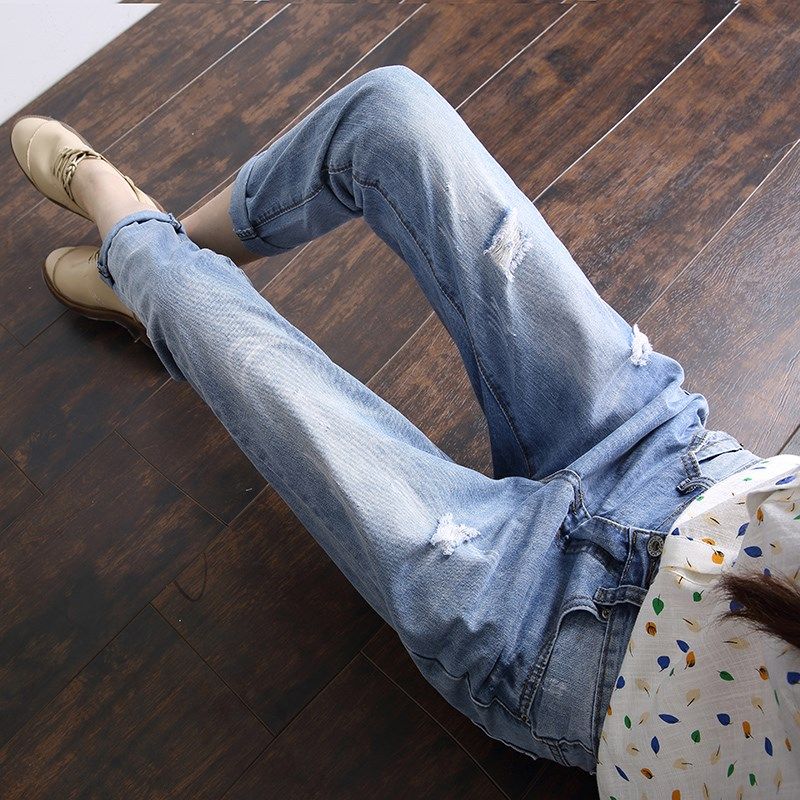 破洞哈伦牛仔裤女春夏2024新款高腰显瘦小脚直筒裤九分宽松老爹裤,女装/女士精品,牛仔裤,淘宝优惠券,粉丝福利购,淘宝优惠卷