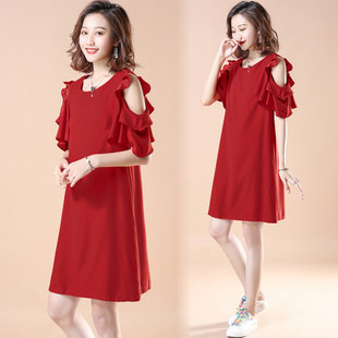 2021夏季新款大红色露肩时尚裙中长款宽松显瘦气质圆领连衣裙女装