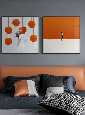 轻奢橙色人物组合客厅装饰画北欧创意摄影美女气球帽子卧室餐厅画