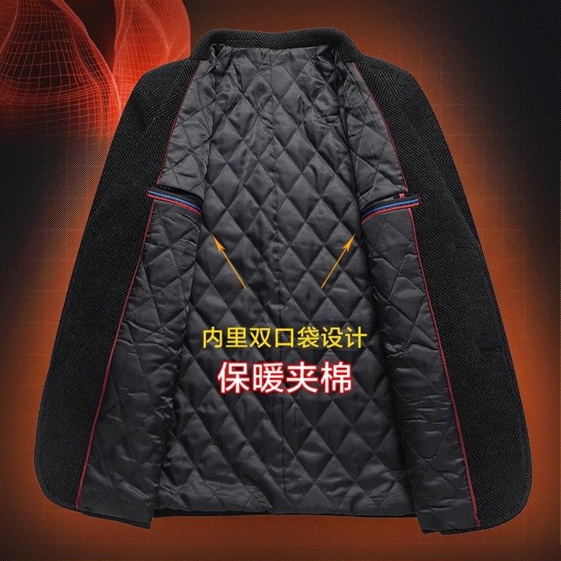 爸爸秋冬装外套夹棉加厚中老年人西服男爷爷呢子毛呢单西西装上衣