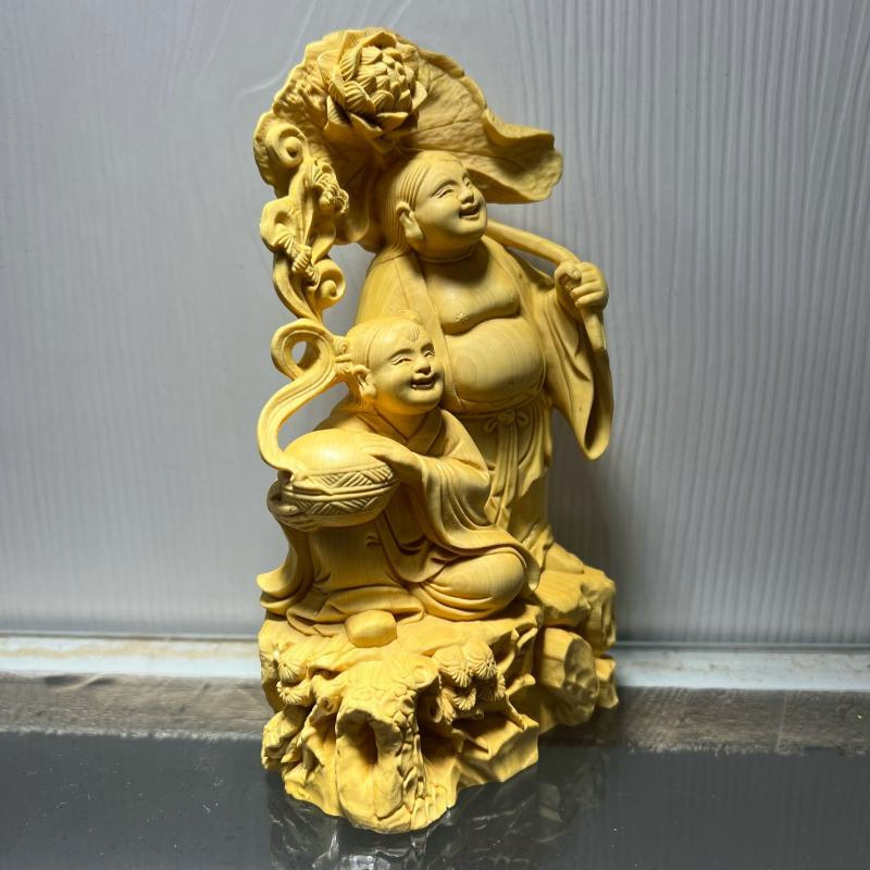 荷合二仙摆件实木雕刻百年好合婚姻新人礼祝福家居饰品玄关装饰