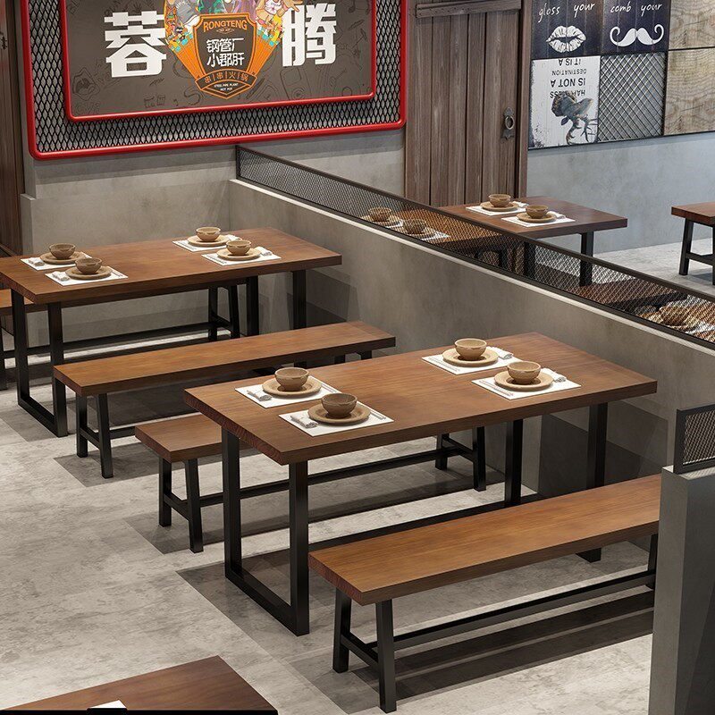 工业风咖啡休闲桌子实木长方形餐桌长凳复古火锅烧烤店餐桌椅组合