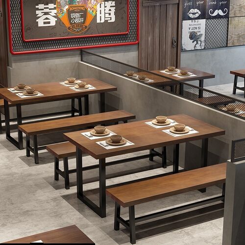 工业风咖啡休闲桌子实木长方形餐桌长凳复古火锅烧烤店餐桌椅组合