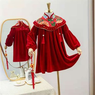 新款女童大红色中国盘扣立领格子纱拼接加绒旗袍连衣裙新年拜年装