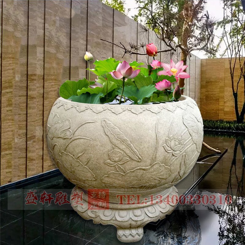 石雕鱼缸花盆青石仿古做旧圆形荷花缸户外室内庭院装饰石头缸摆件