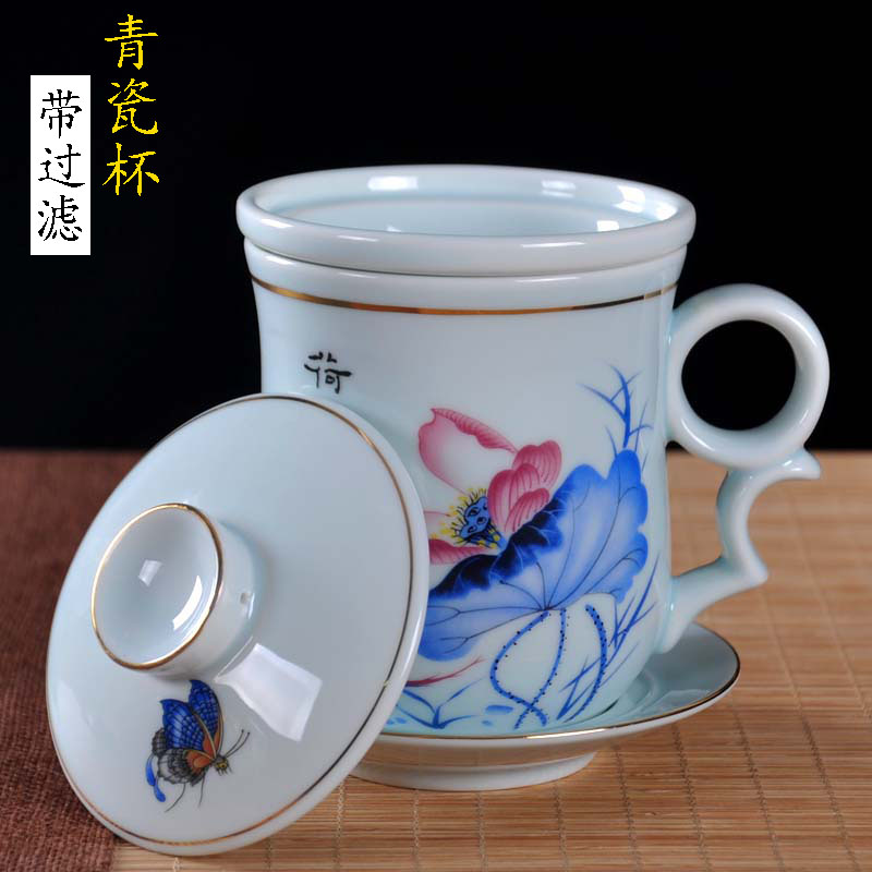 青瓷茶水分离陶瓷泡茶杯带过滤办公青花瓷个人杯花茶色釉喝茶水杯