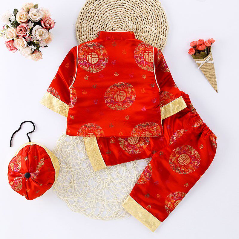 宝宝唐装女春秋套装一周岁儿童唐装男婴幼儿百天生日抓周喜庆礼服
