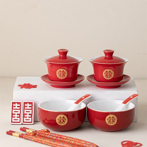 结婚用品陶瓷改口杯敬茶喜碗套装喜庆喜字精致结婚茶具喜碗筷