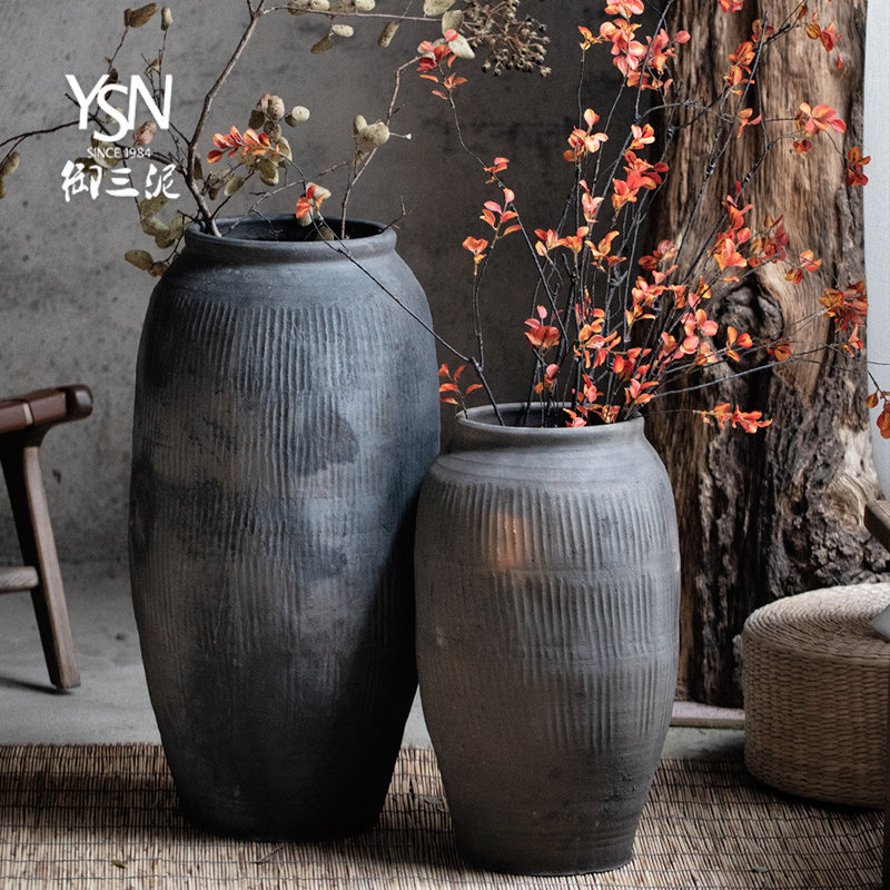 落地花瓶组合禅意土罐仿古中式艺术老瓦罐复古翁缸粗陶做旧黑陶罐,家居饰品,家饰软装搭配套装,淘宝优惠券,粉丝福利购,淘宝优惠卷