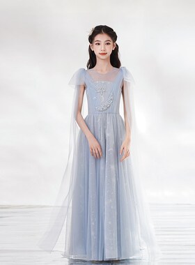 中国风蓝色儿童演出服民乐古筝大童女童演奏古风主持合唱礼服春夏