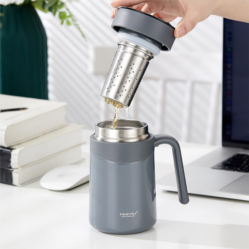 品家家品茶水分离办公室男士保温杯泡茶杯带把手柄316L水杯商务杯