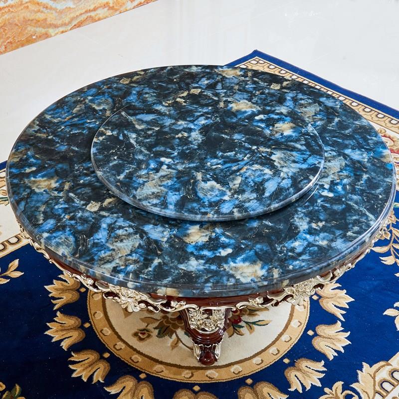欧式圆桌美式别墅仿古大理石实木雕花描金带转盘家用酒店吃饭餐桌