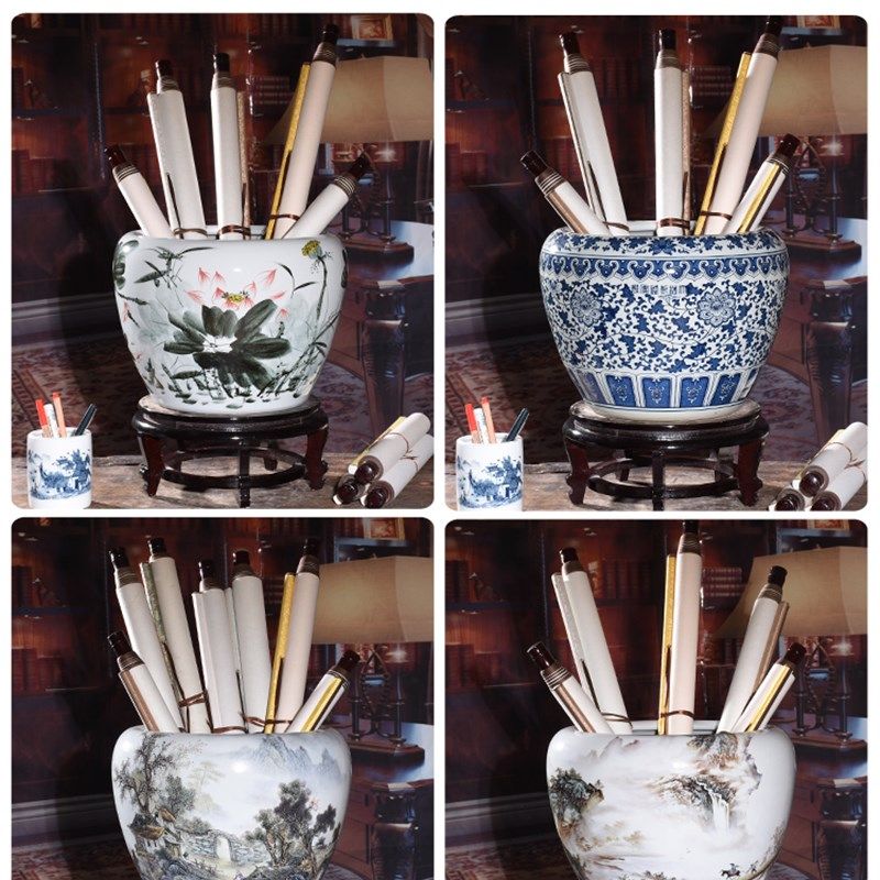 陶瓷花瓶摆件客厅书画桶画缸手绘创意书房卷轴缸样板间居家装饰品