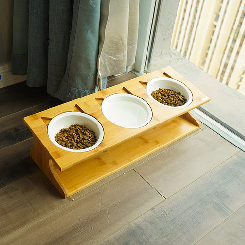 猫碗三碗 陶瓷猫碗 猫碗双碗 固定支架宠物猫咪餐桌碗架猫碗架子