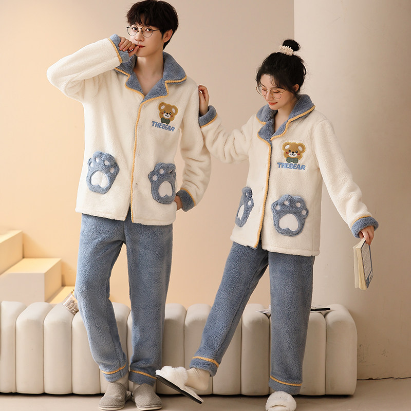 情侣睡衣女冬季珊瑚绒加绒加厚男士保暖冬天法兰绒可爱居家服套装