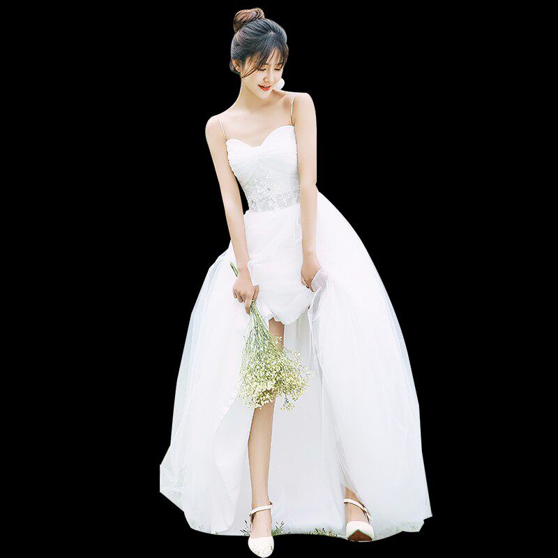 【白小仙】旅拍轻婚纱吊带2021新款新娘主婚纱吊带齐地简约森系夏