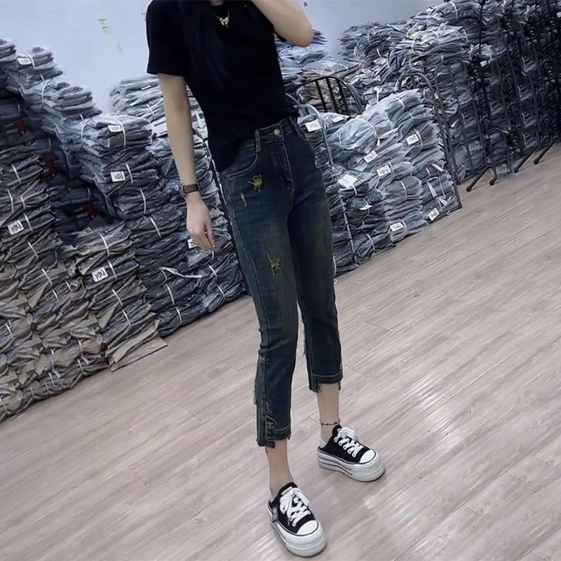 高腰烟管牛仔裤女大码直筒裤春夏微胖显瘦穿搭修身显高弹力九分裤