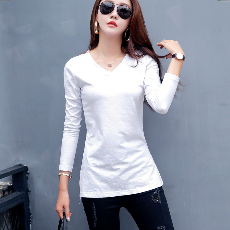 2020年秋装新款v领中长款长袖t恤女潮纯棉修身打底衫内搭黑色上衣,女装/女士精品,T恤,淘宝优惠券,粉丝福利购,淘宝优惠卷