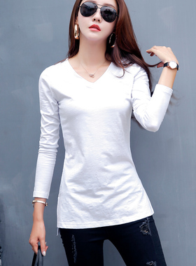 2020年秋装新款v领中长款长袖t恤女潮纯棉修身打底衫内搭黑色上衣
