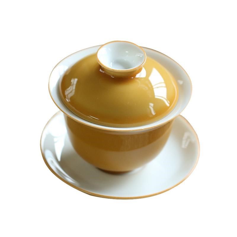 德化黄色釉白瓷盖碗大号功夫三才茶碗陶瓷茶具泡茶杯敬茶杯三才杯