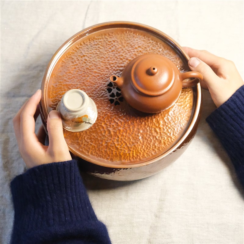 手工锻打纯铜大号壶承茶盘茶托 紫铜烤色干泡台茶船茶洗茶具配件