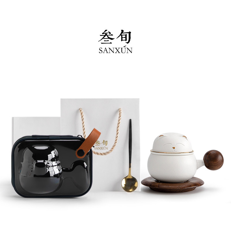 叁旬招财猫茶杯陶瓷茶水分离水杯咖啡杯办公室泡茶杯可爱创意杯子