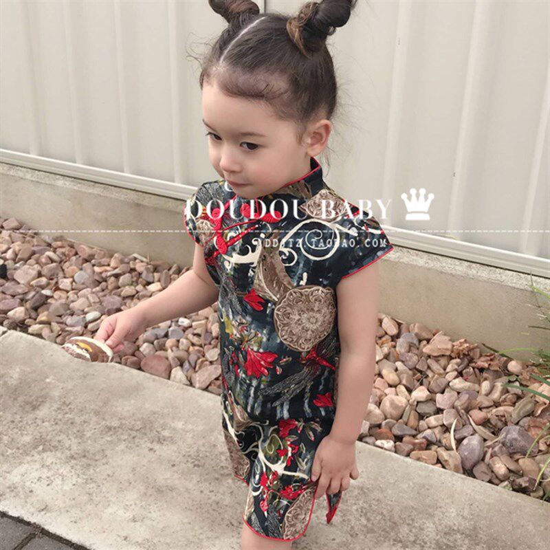 2024夏季新款小女孩黑色中国风女童旗袍连衣裙模特走秀旗袍亲子装