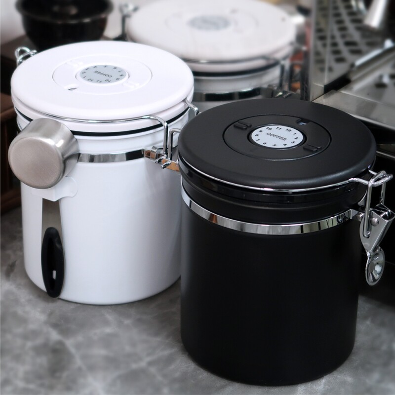 咖啡豆密封罐 304不锈钢排气阀呼吸密封储物罐带勺子保鲜罐咖啡罐