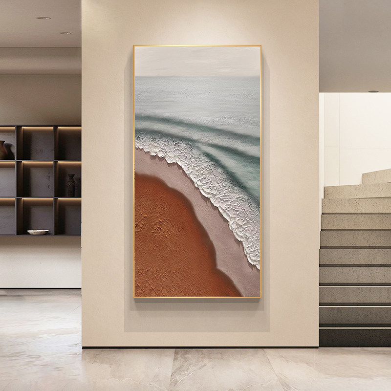 海滩手绘油画个性大气玄关挂画酒店民宿室内墙壁装饰画侘寂风壁画