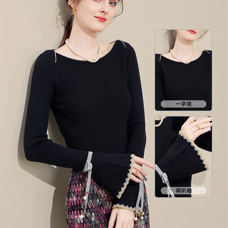 一字领毛衣上衣女2025秋季新品喇叭袖港风修身显瘦针织打底衫内搭
