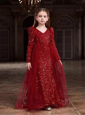 女童婚礼花童女孩生日晚礼服儿童高端主持绿色钢琴艺考模特演出服