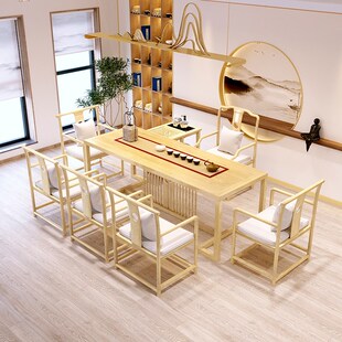 新中式白蜡木茶桌禅意办公原木茶台简约家用客厅实木泡茶桌椅组合