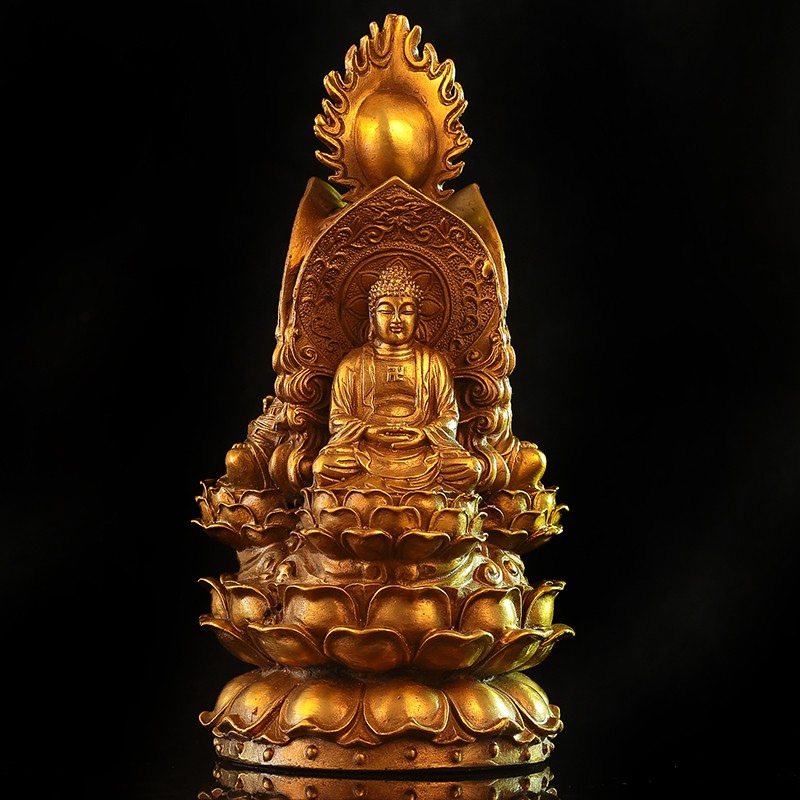 纯黄铜 婆娑三圣三面佛 供奉神像释迦摩尼佛祖观音地藏王菩萨摆件